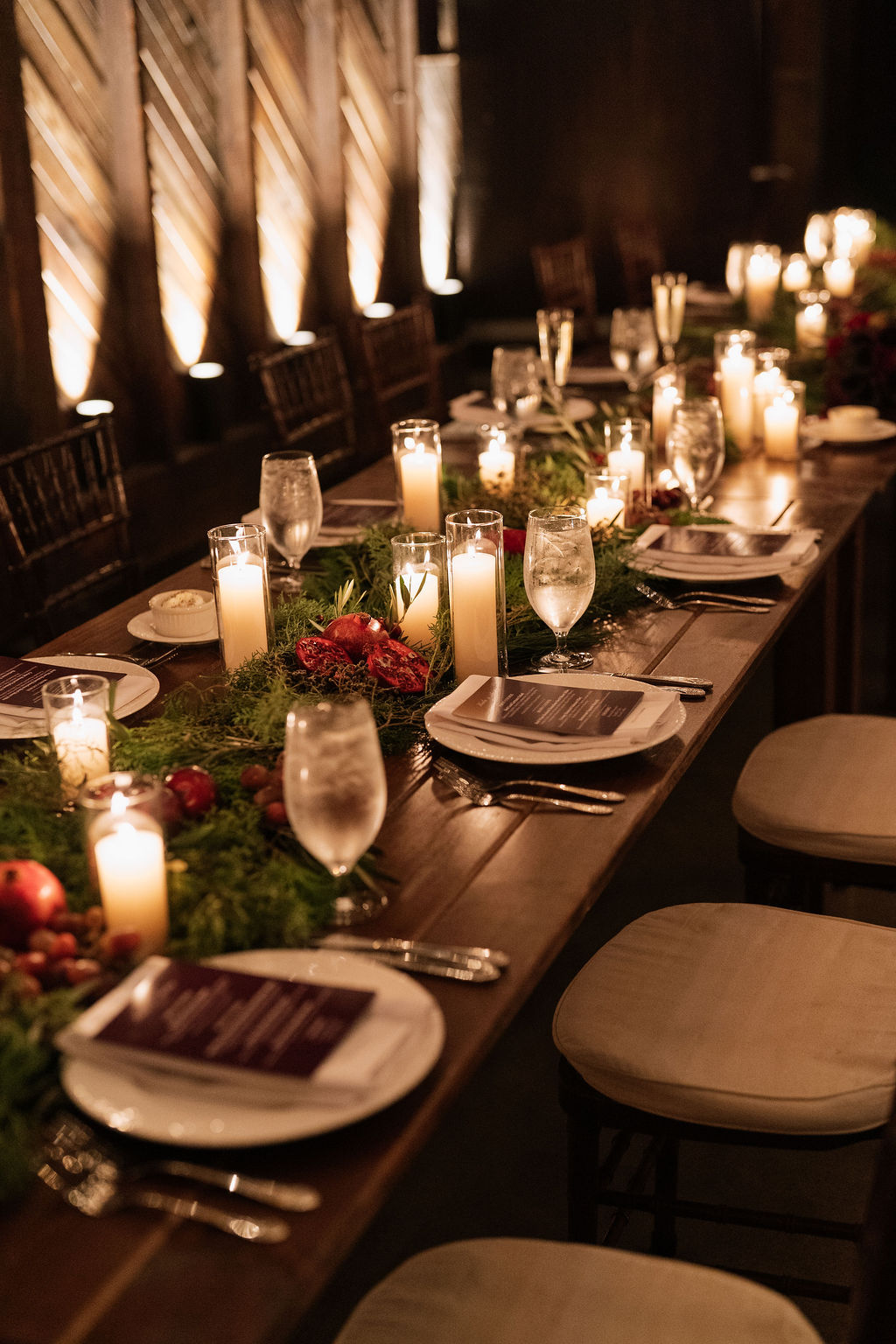 Candlelit winter wedding tablescape at Saltwater Farm in Stonington, Connecticut.