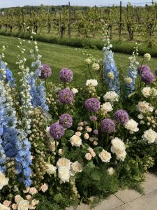 Ceremony flowers at Saltwater Farm Vineyard featuring purple allium, blue delphinium, ivory roses, and lush greenery in a vineyard setting.